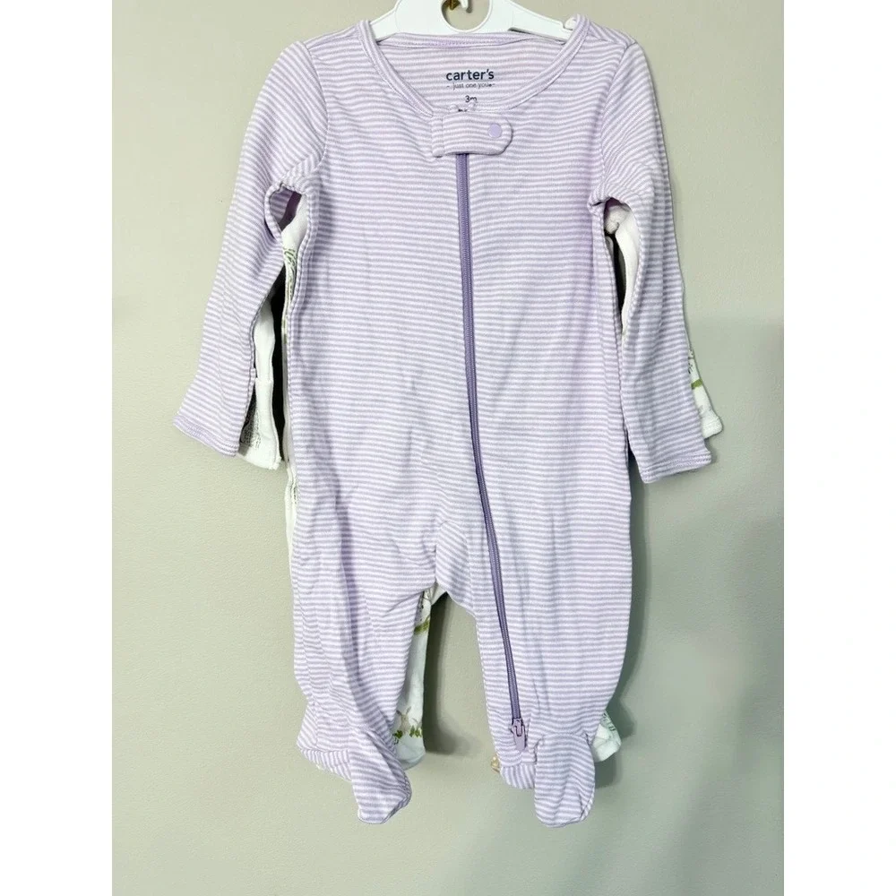 Carter's Sleep and Play Baby 3M Purple‎ White Stripe Woodland NWT 2-Pack